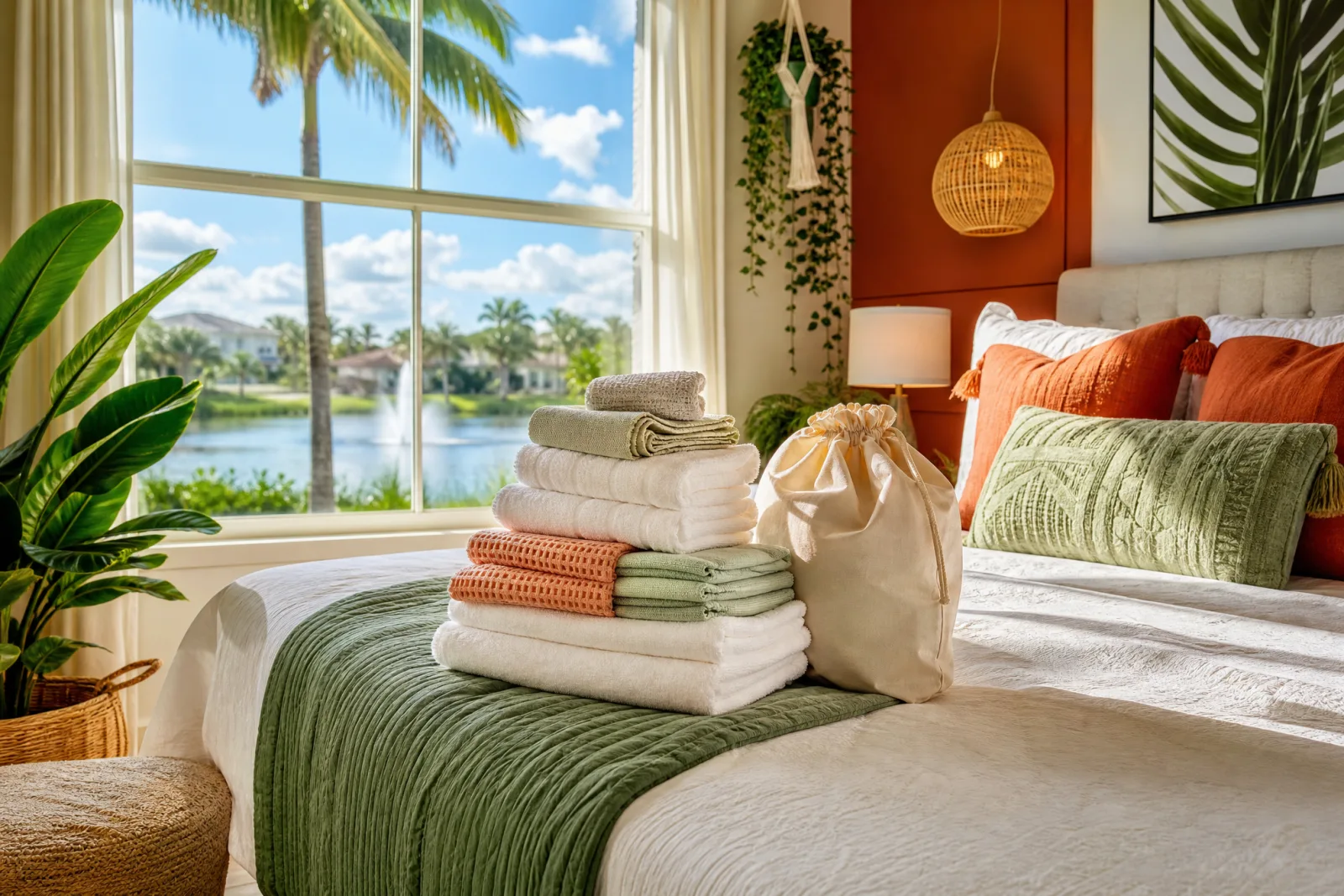 Freshly folded towels and linens on the made bed of a bright cozy Orlando vacation rental