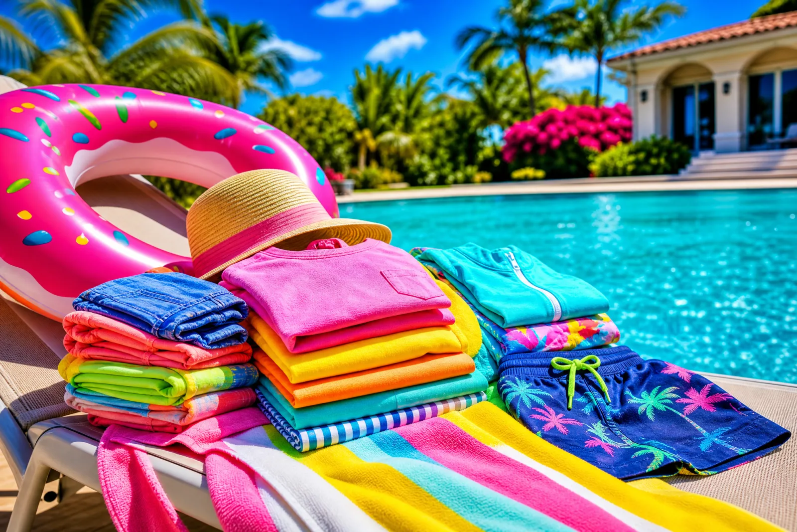 Colorful folded family laundry and beach towels by a sunny Orlando vacation-home pool