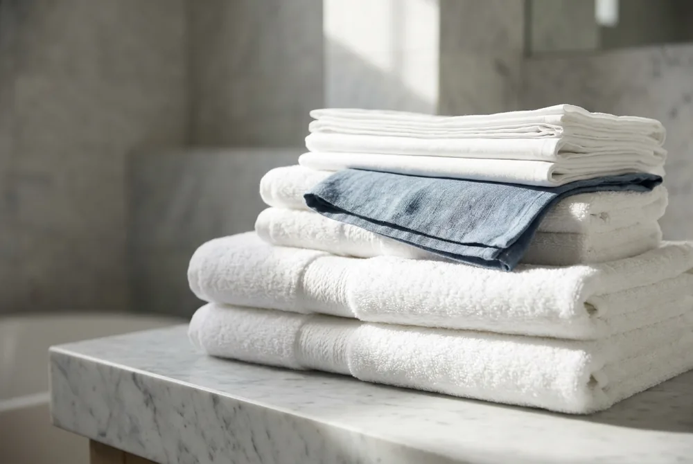 Pristine folded hotel-quality linens — Solara Resort vacation rental laundry