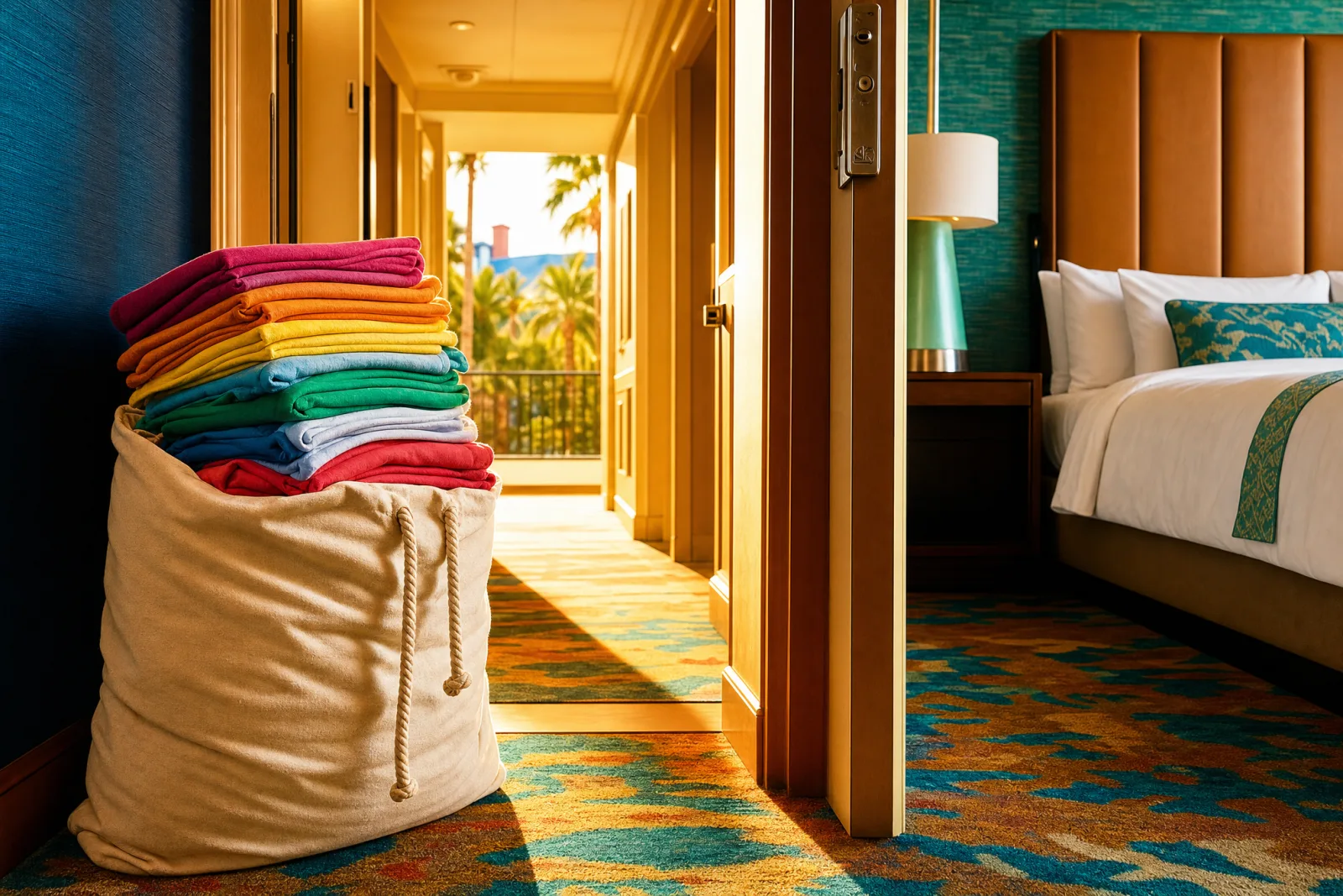 Freshly delivered laundry in a cotton bag at the door of a modern Orlando hotel room