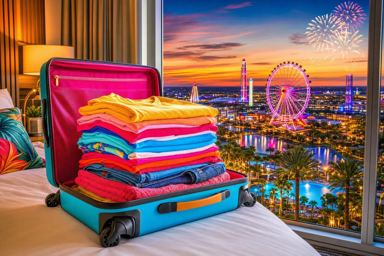 Illustrative packed suitcase and folded clothes before an Orlando checkout