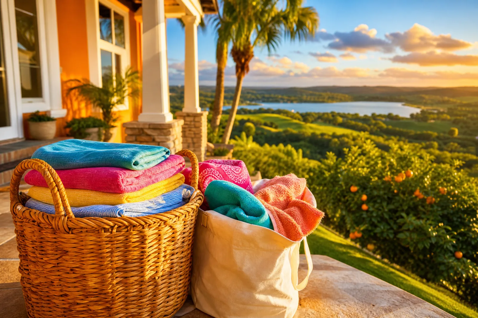 Fresh folded laundry on a Clermont, FL porch overlooking rolling hills and a lake at golden hour