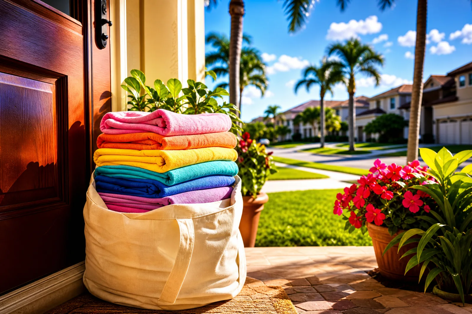 Fresh folded laundry at the welcoming front doorway of a suburban Ocoee, FL home