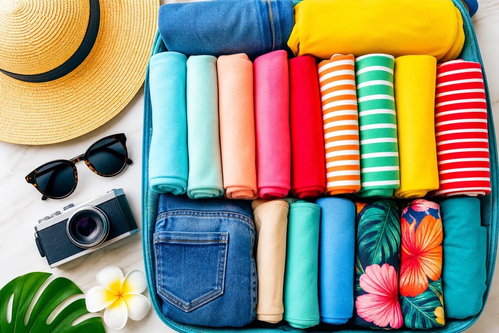 Top-down flat-lay of neatly organized fresh laundry and Orlando travel essentials