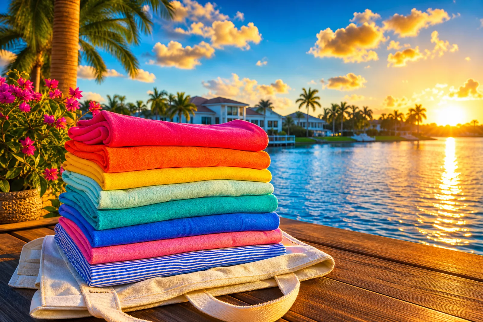 Fresh folded laundry on an upscale Windermere, FL lakeside deck at golden hour