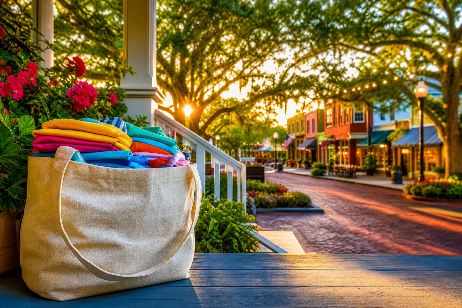 Fresh folded laundry on a charming Winter Garden, FL porch with a brick main street at golden hour