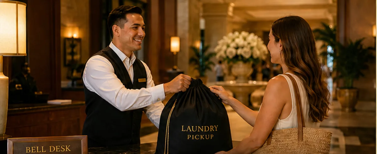 Hotel guest handing a laundry bag to Bell Services at a generic resort desk