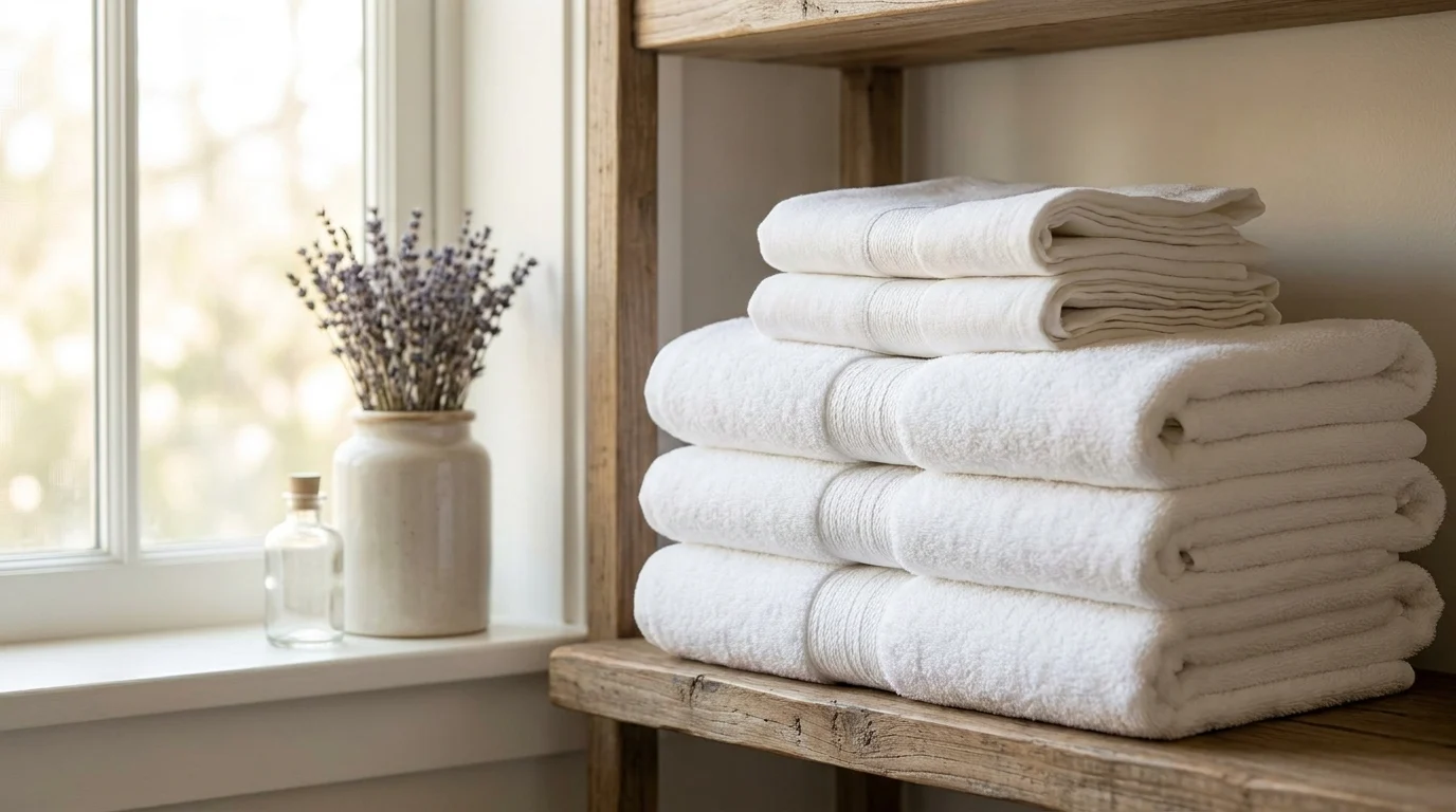 Stacks of crisp folded commercial towels and linens — A7 Laundry linen & towel service in Orlando