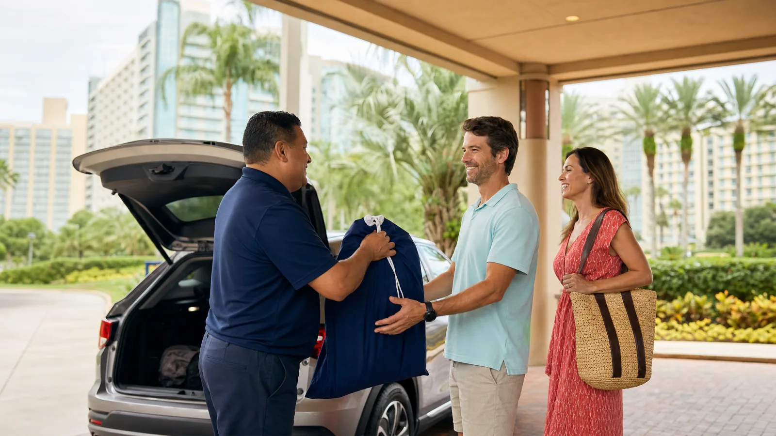 Independent laundry pickup handoff at a generic Orlando resort-area hotel entrance