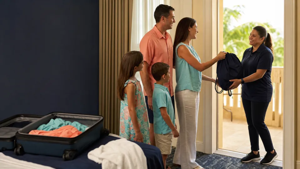 Orlando hotel guest handing a laundry bag to an independent pickup service