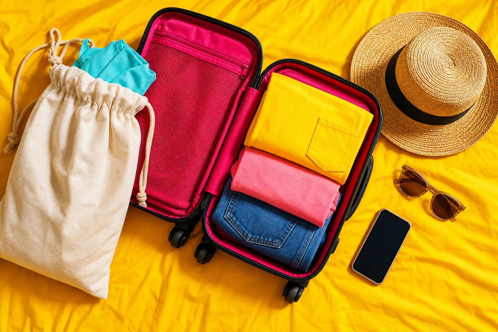Top-down flat-lay of a light-packed carry-on and fresh laundry bag for an Orlando trip