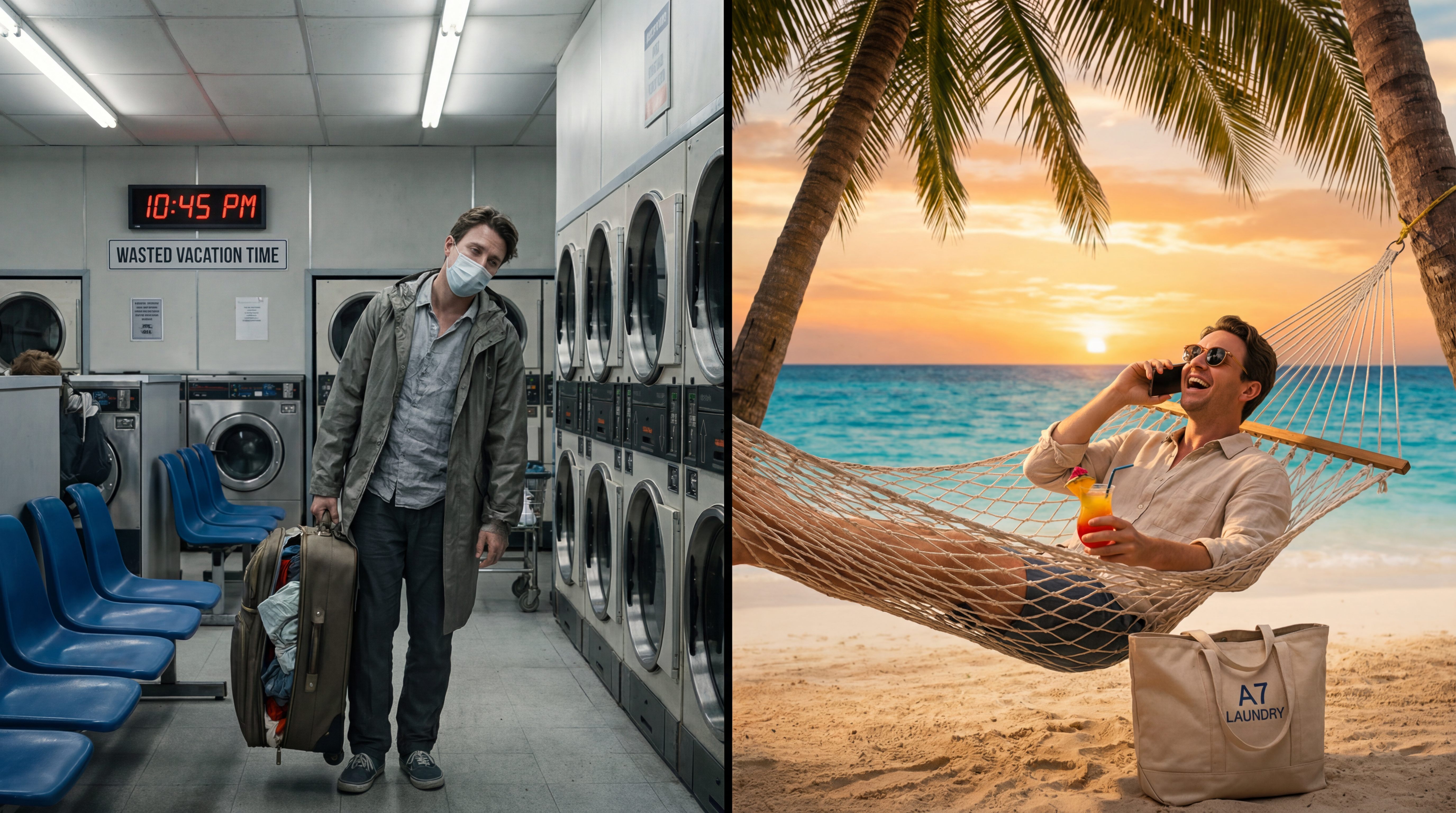 Wasted vacation time at laundromat vs relaxing at the beach with A7 Laundry